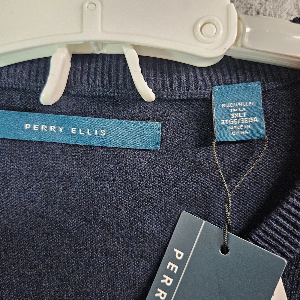 $99 NEW Perry Ellis Sweater Men 3XLT Tall Knit‎ Navy Gray Striped Cotton Blend